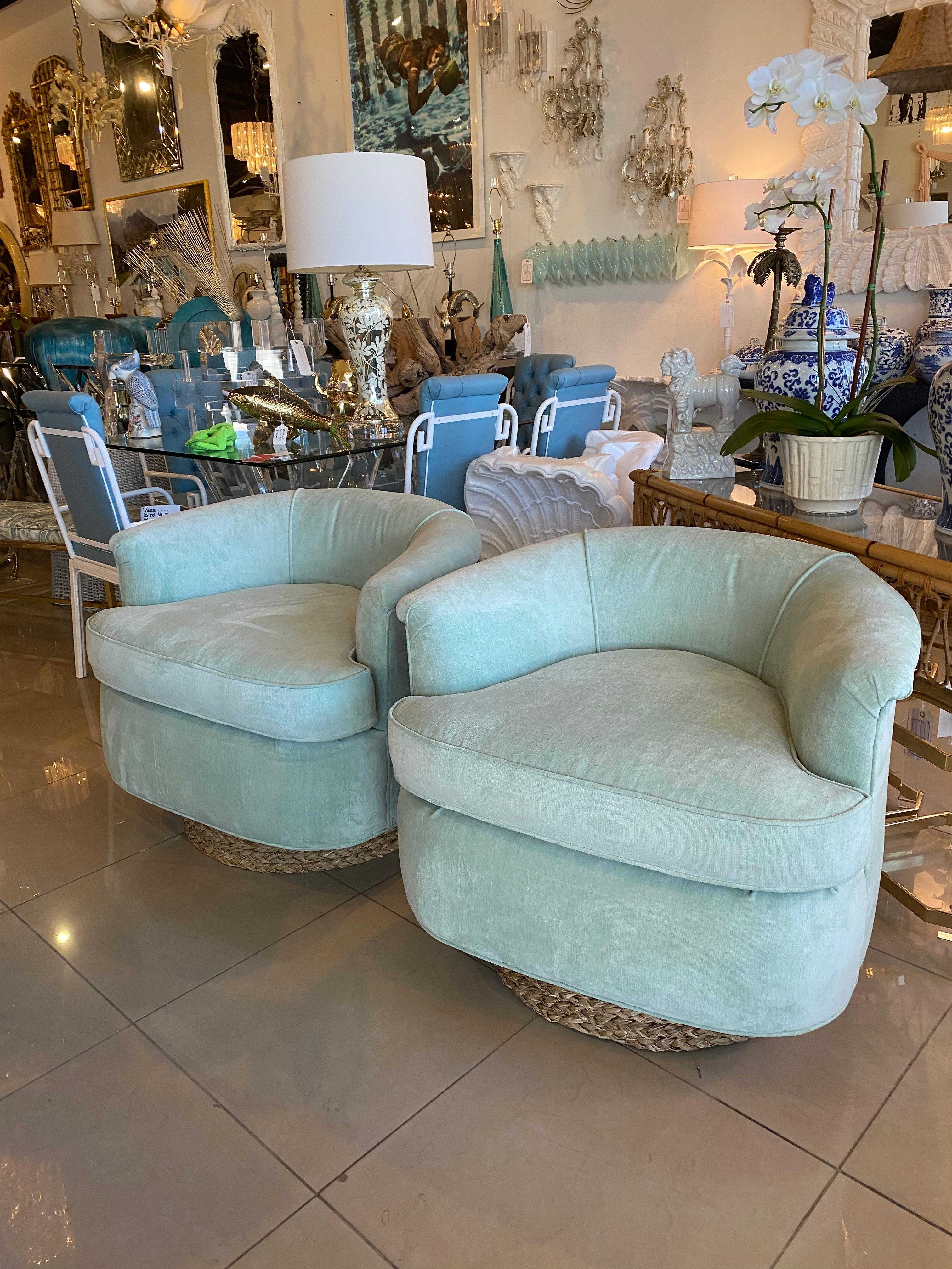 American Pair of Vintage Barrel Swivel Chairs Upholstered Seafoam Green Seagrass Base