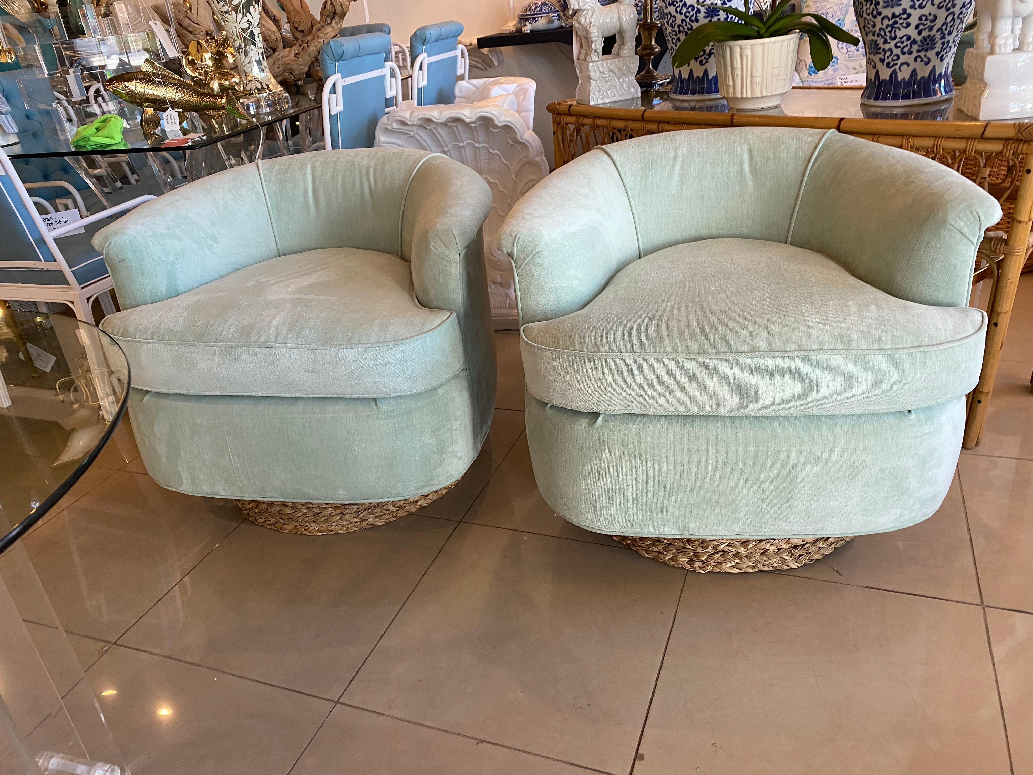 Pair of Vintage Barrel Swivel Chairs Upholstered Seafoam Green Seagrass Base In Good Condition In West Palm Beach, FL