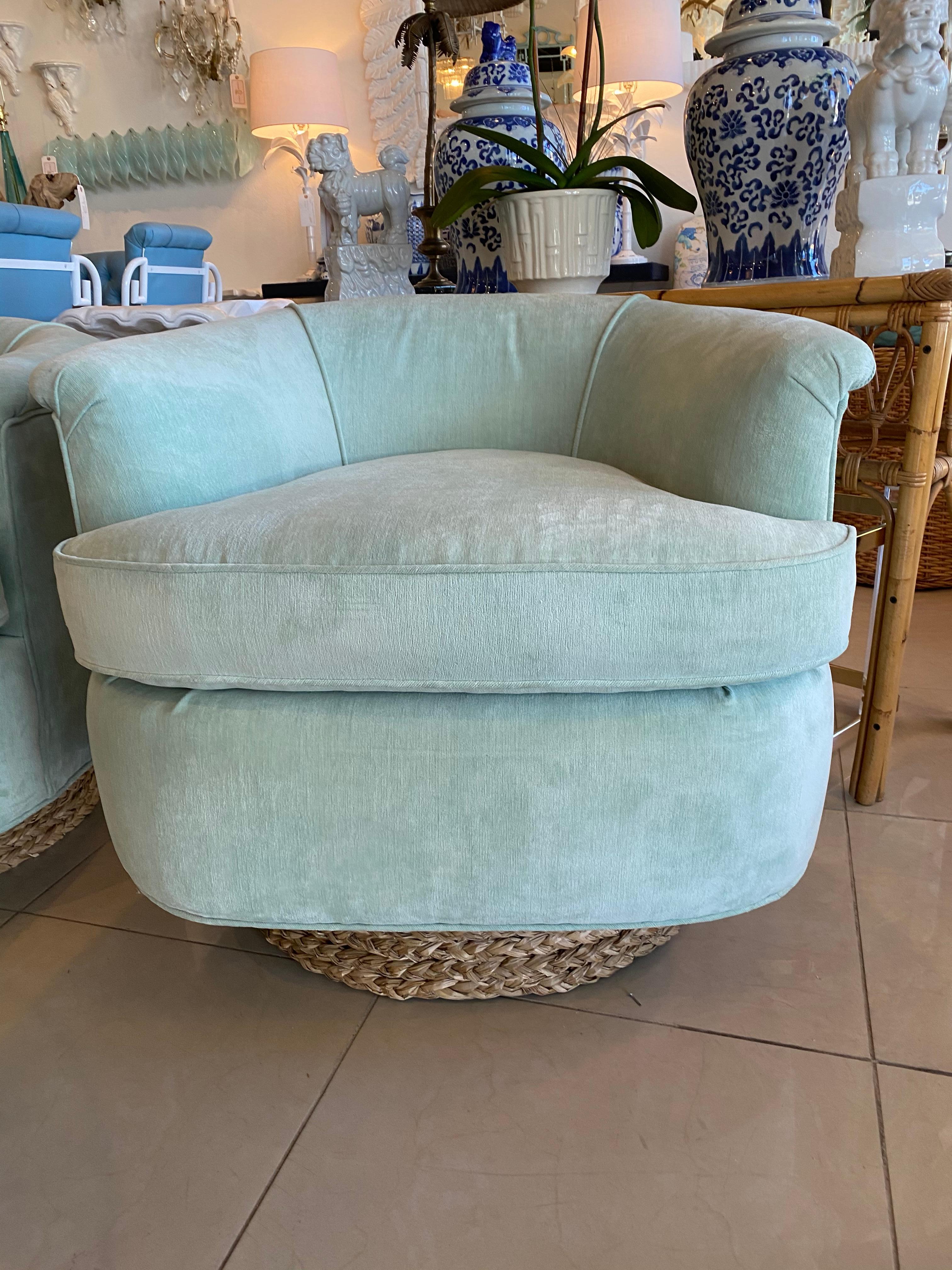 Late 20th Century Pair of Vintage Barrel Swivel Chairs Upholstered Seafoam Green Seagrass Base