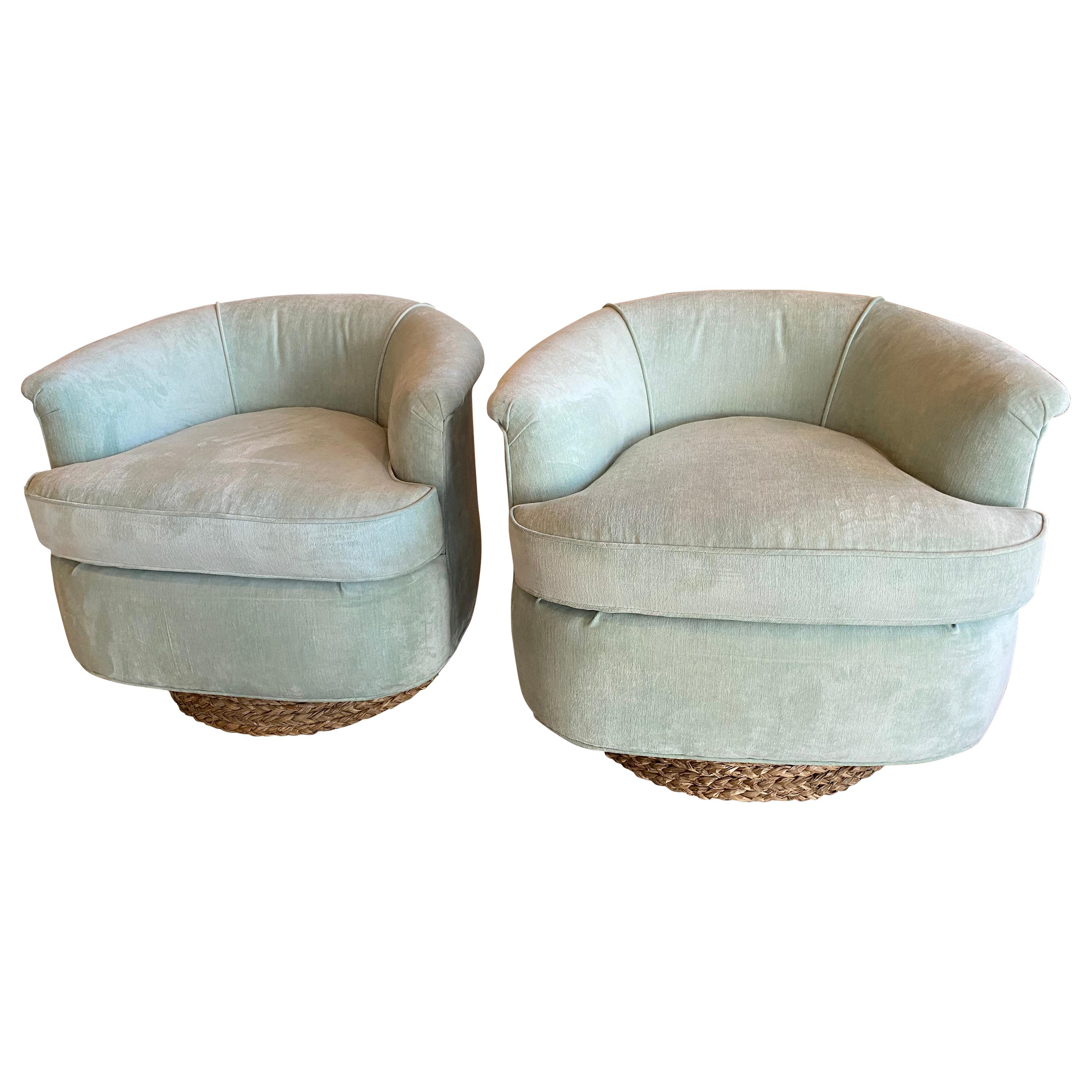 Pair of Vintage Barrel Swivel Chairs Upholstered Seafoam Green Seagrass Base