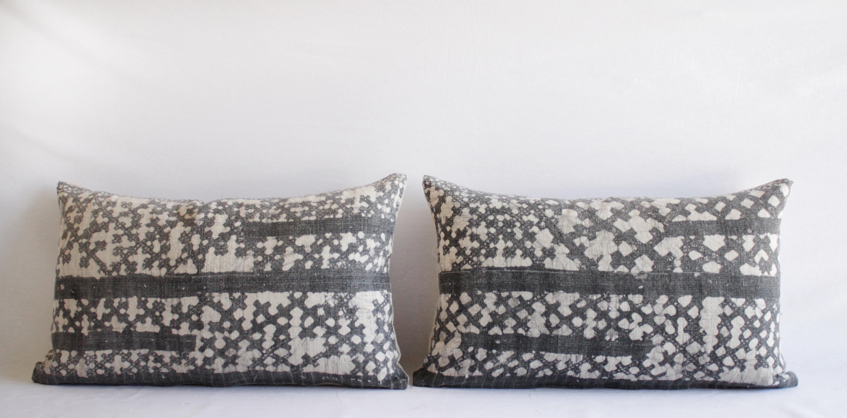 20th Century Pair of Vintage Batik Accent Pillow Charcoal and Natural Linen