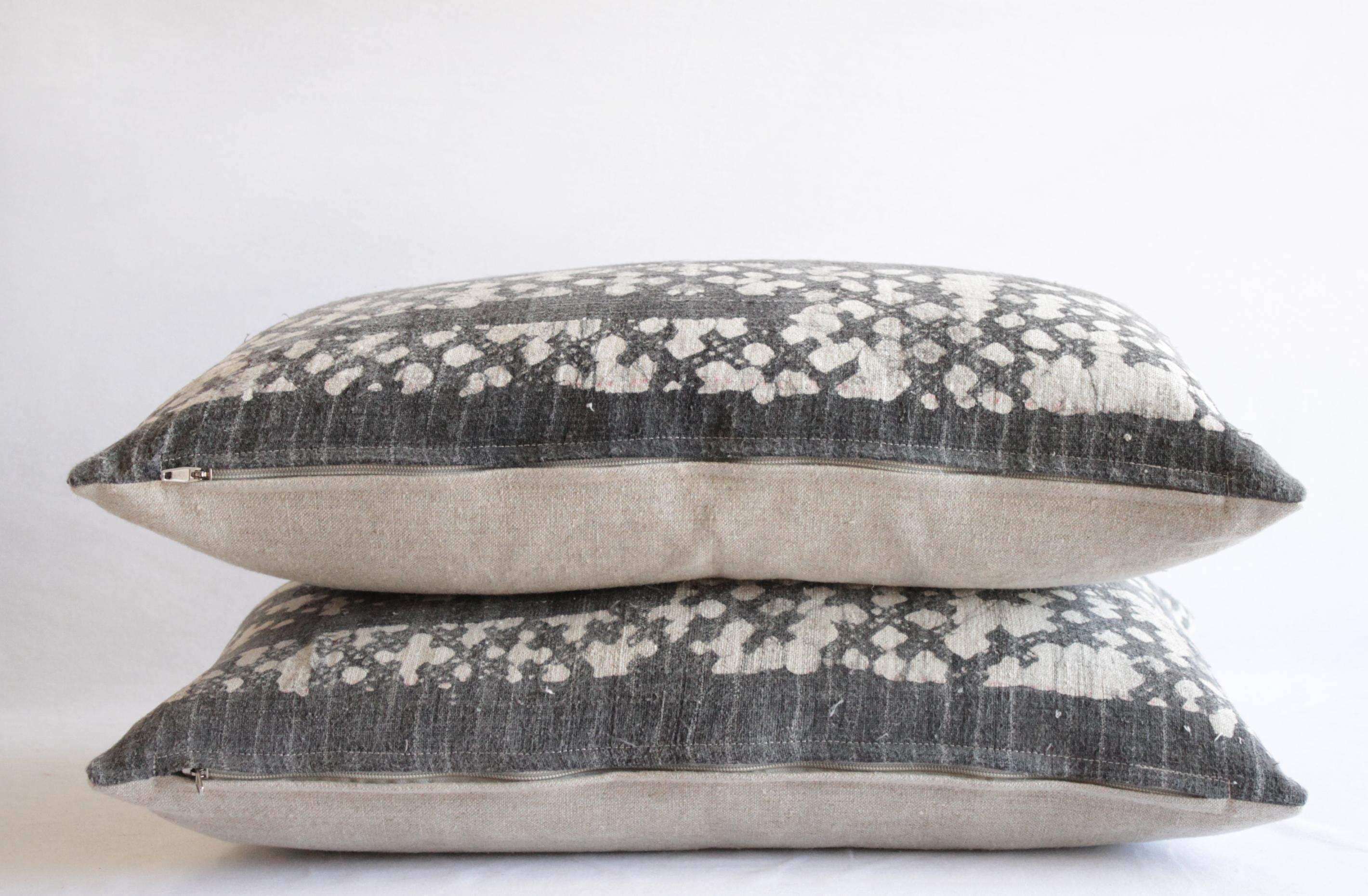 Pair of Vintage Batik Accent Pillow Charcoal and Natural Linen 1