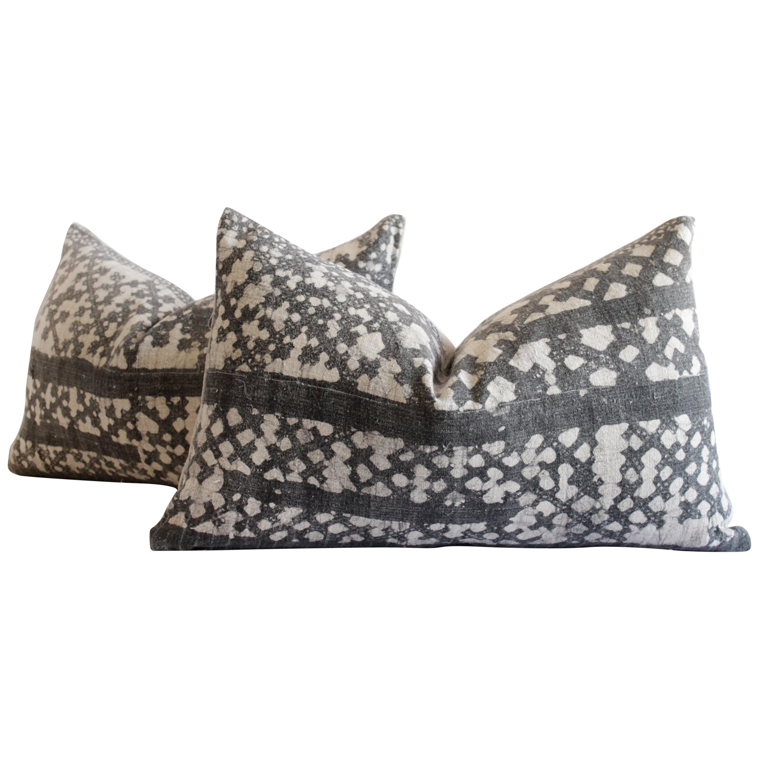 Pair of Vintage Batik Accent Pillow Charcoal and Natural Linen