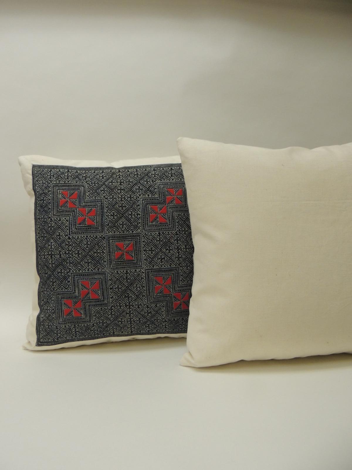 Tribal Pair of Vintage Embroidered Red and Indigo Batik  Square Decorative Pillows