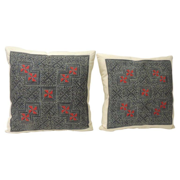 Thai Pair of Vintage Embroidered Red and Indigo Batik  Square Decorative Pillows