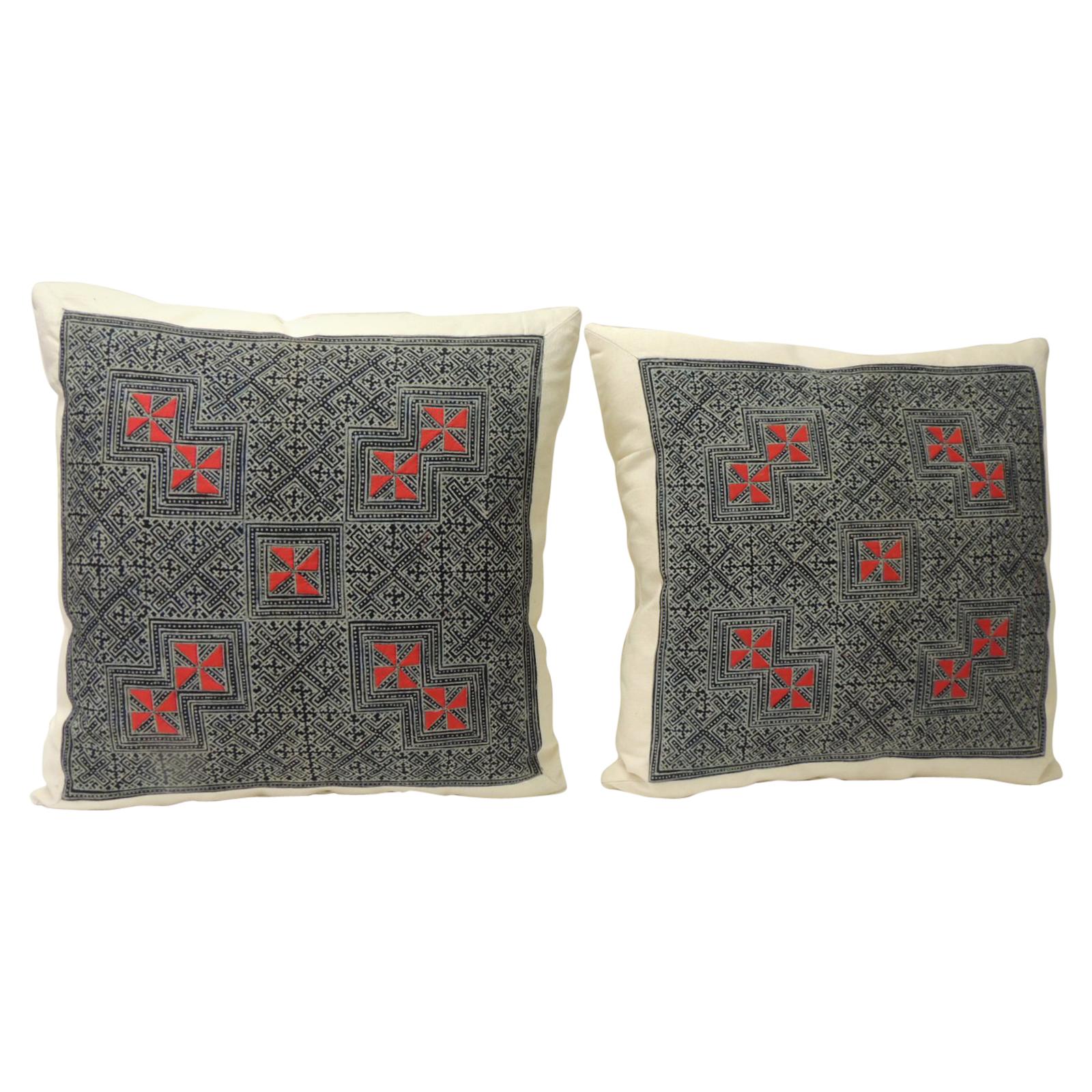Pair of Vintage Embroidered Red and Indigo Batik  Square Decorative Pillows
