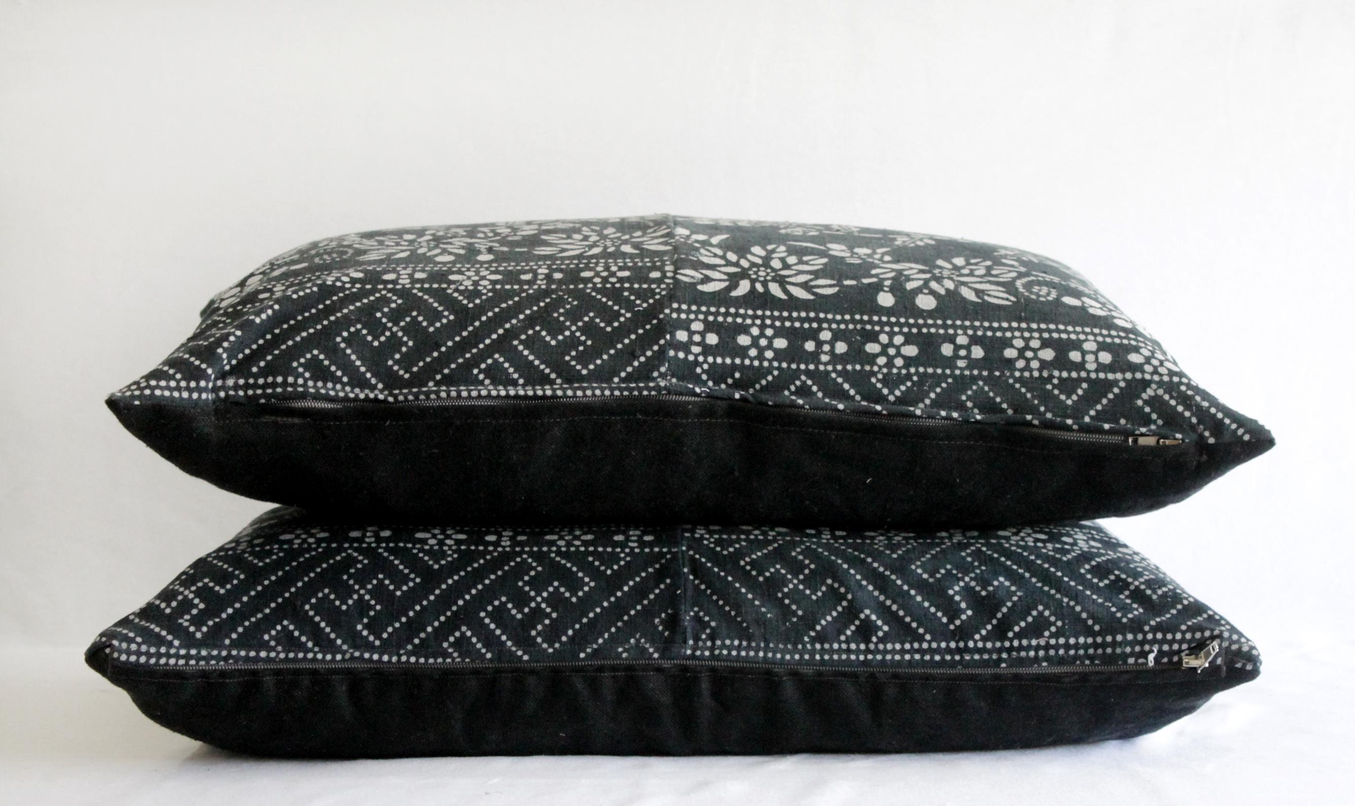 Cotton Pair of Vintage Batik Black Lumbar Pillows