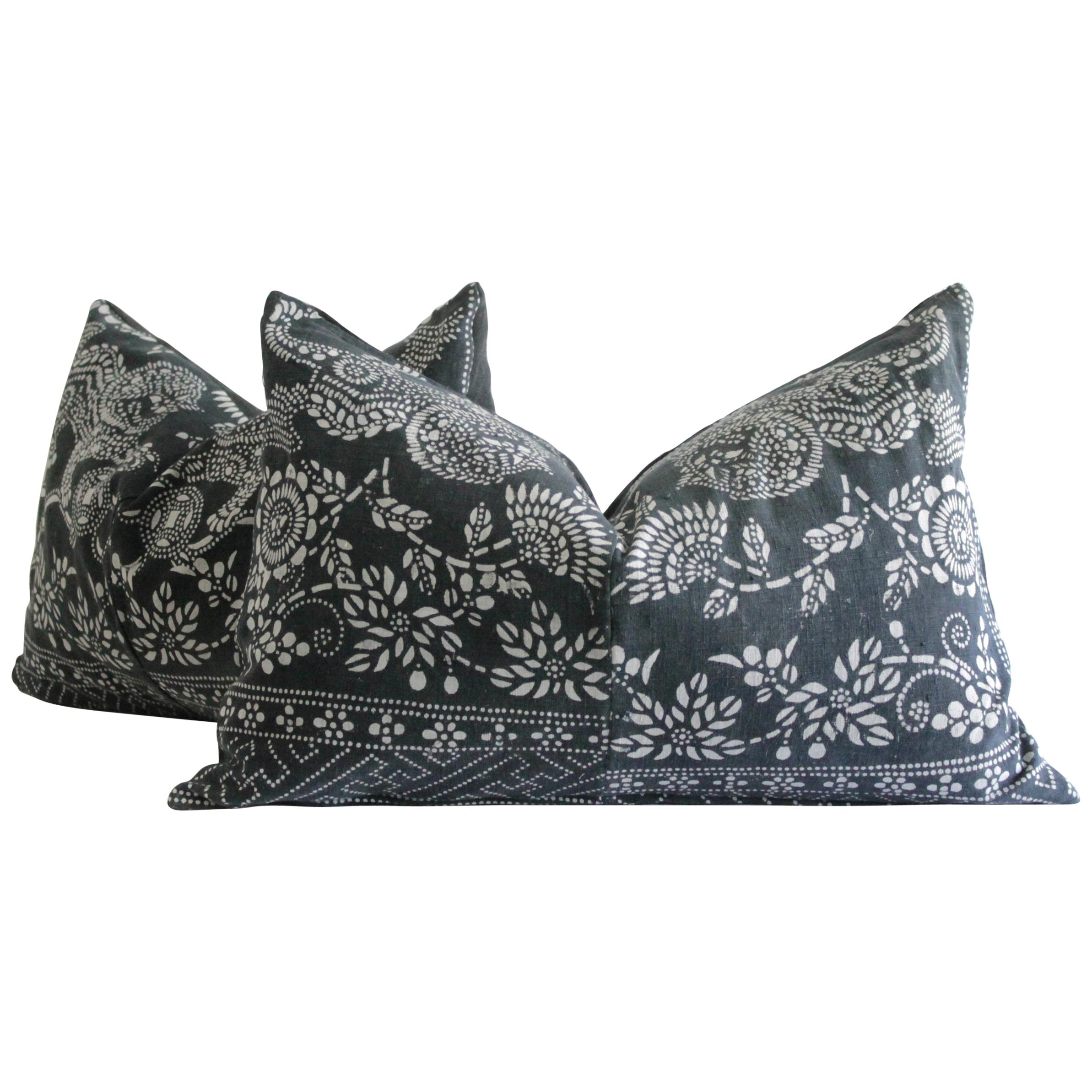 Pair of Vintage Batik Black Lumbar Pillows