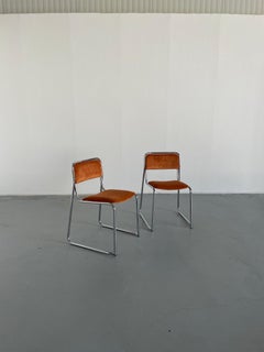 Pair of Vintage Bauhaus Design Chrome and Orange Velvet Upholstery Chairs, 1980s
