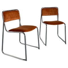 Pair of Vintage Bauhaus Design Chrome and Orange Velvet Upholstery Chairs, 1980s