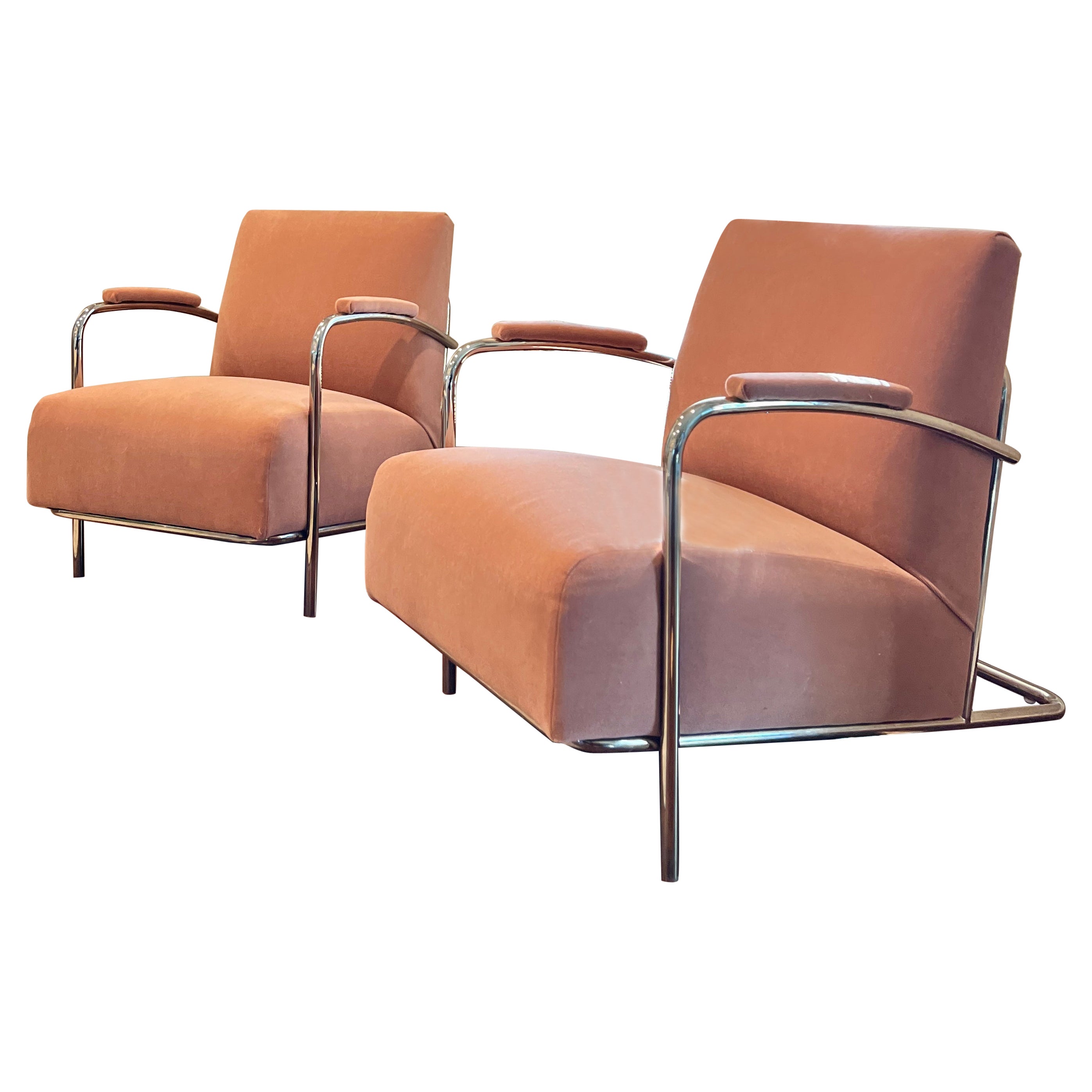 Pair of Vintage Bauhaus Louis Sognot Chrome Lounge Chairs in Pink Mohair