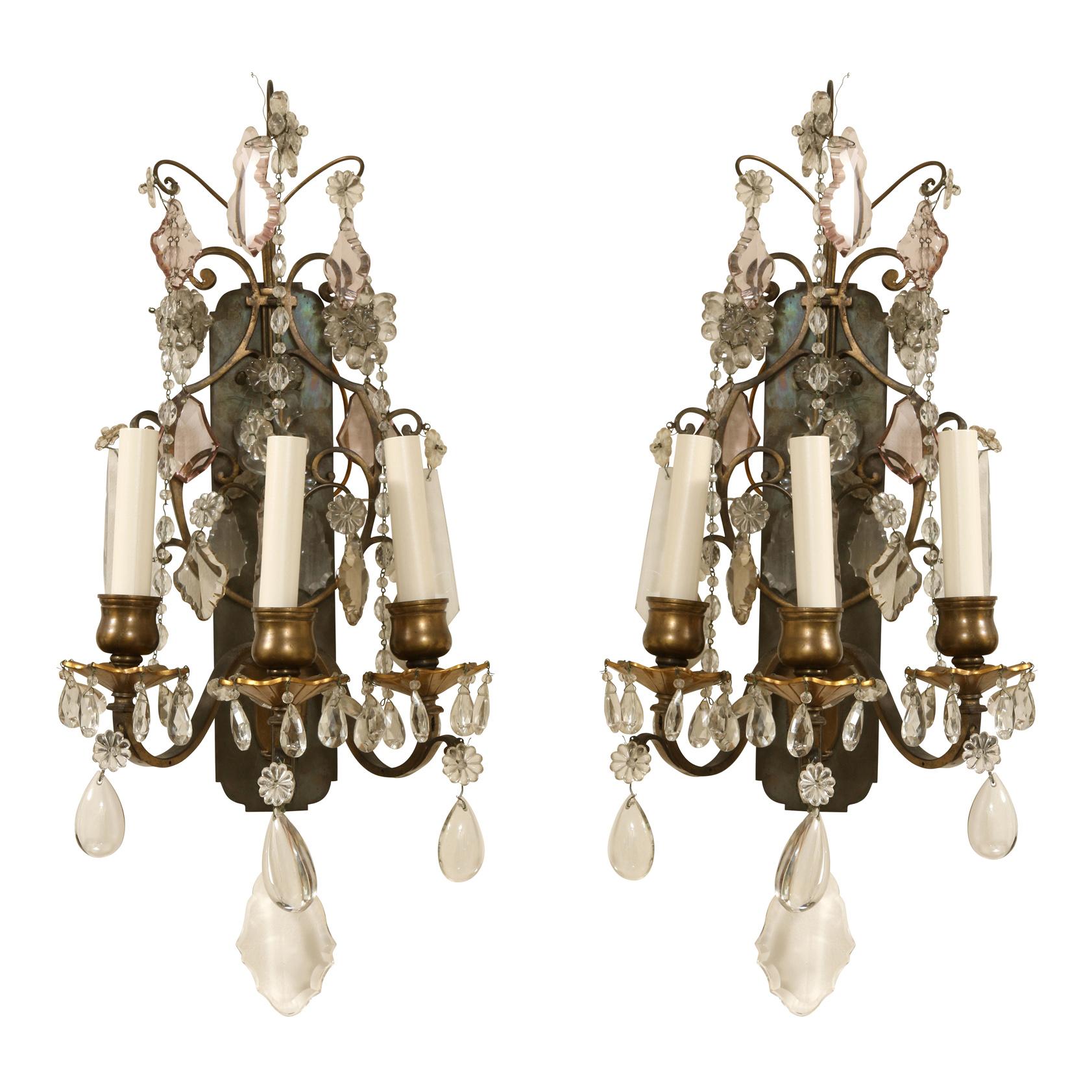 20th Century Pair of Vintage Beaded Crystal Three Arm Sconces For Sale