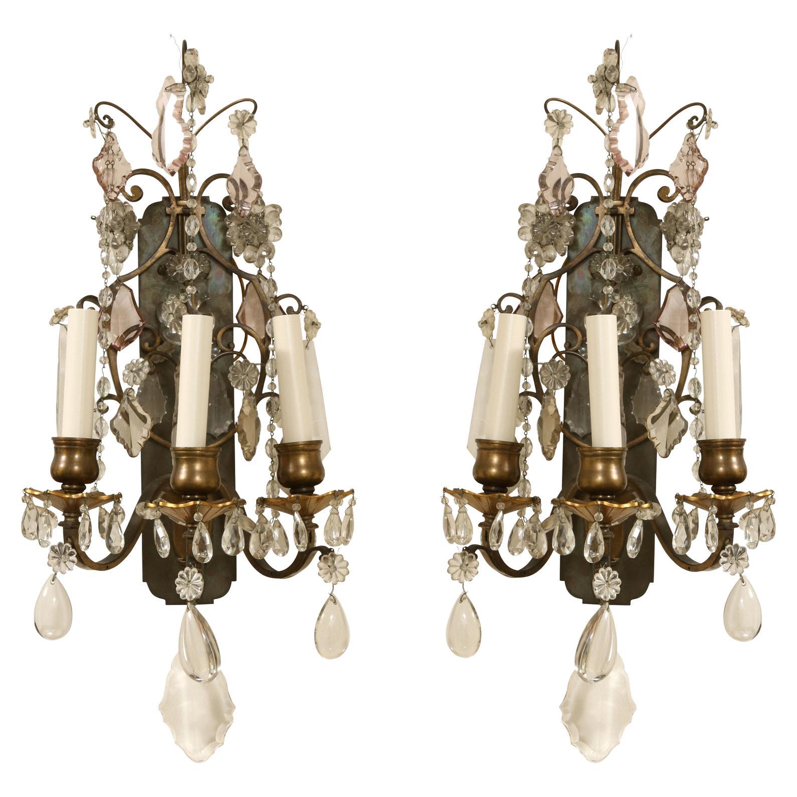 Pair of Vintage Beaded Crystal Three Arm Sconces