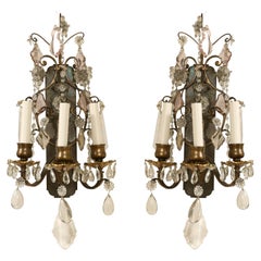 Pair of Antique Beaded Crystal Three Arm Sconces