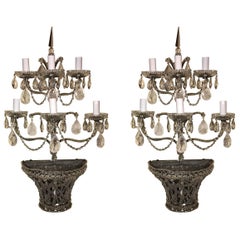 Pair of Vintage Beaded Swag Rock Crystal Lattice Basket Seven-Light Sconces