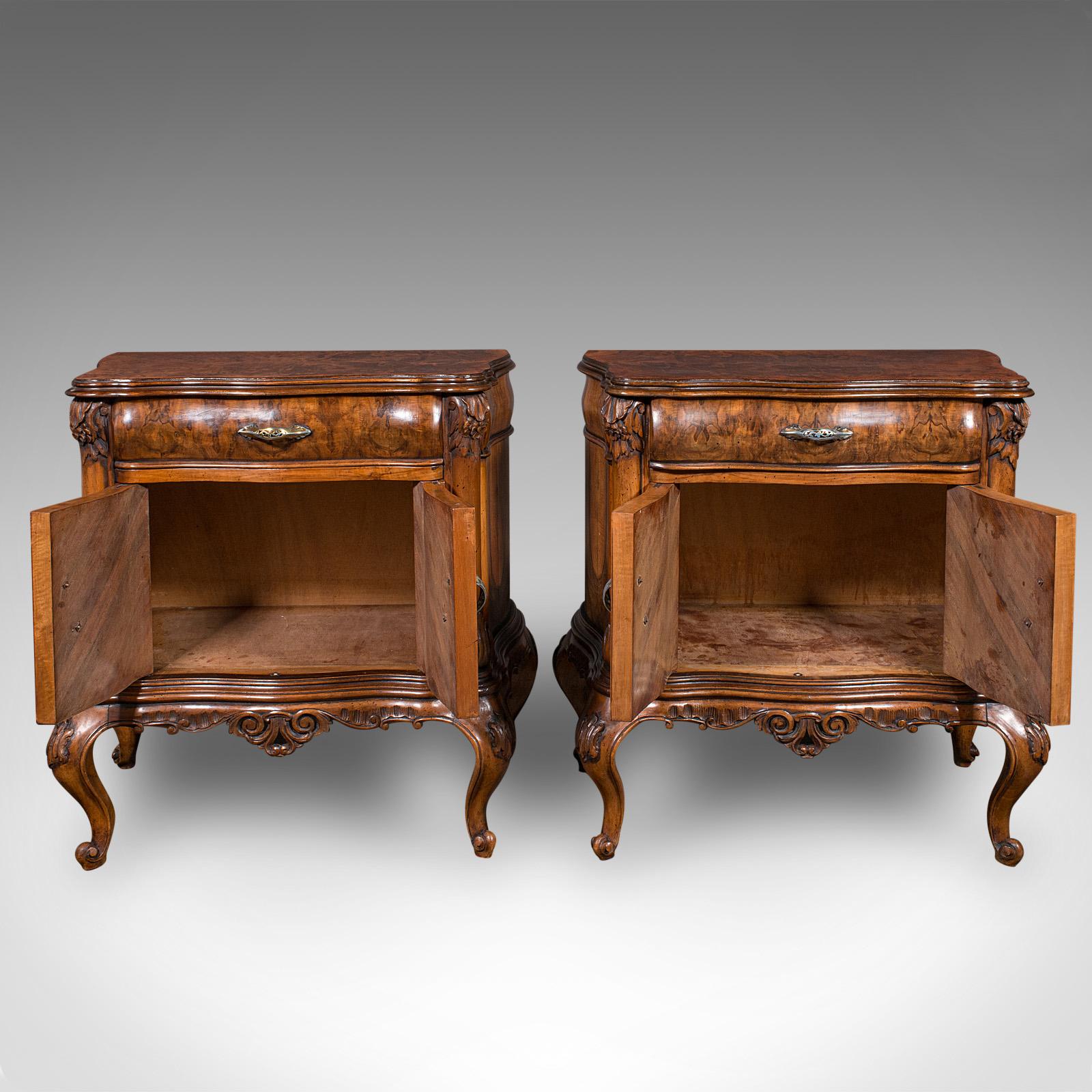 Pair Of Vintage Bedside Cabinets, Italian, Walnut, Bedside Nightstand, Rococo In Good Condition For Sale In Hele, Devon, GB