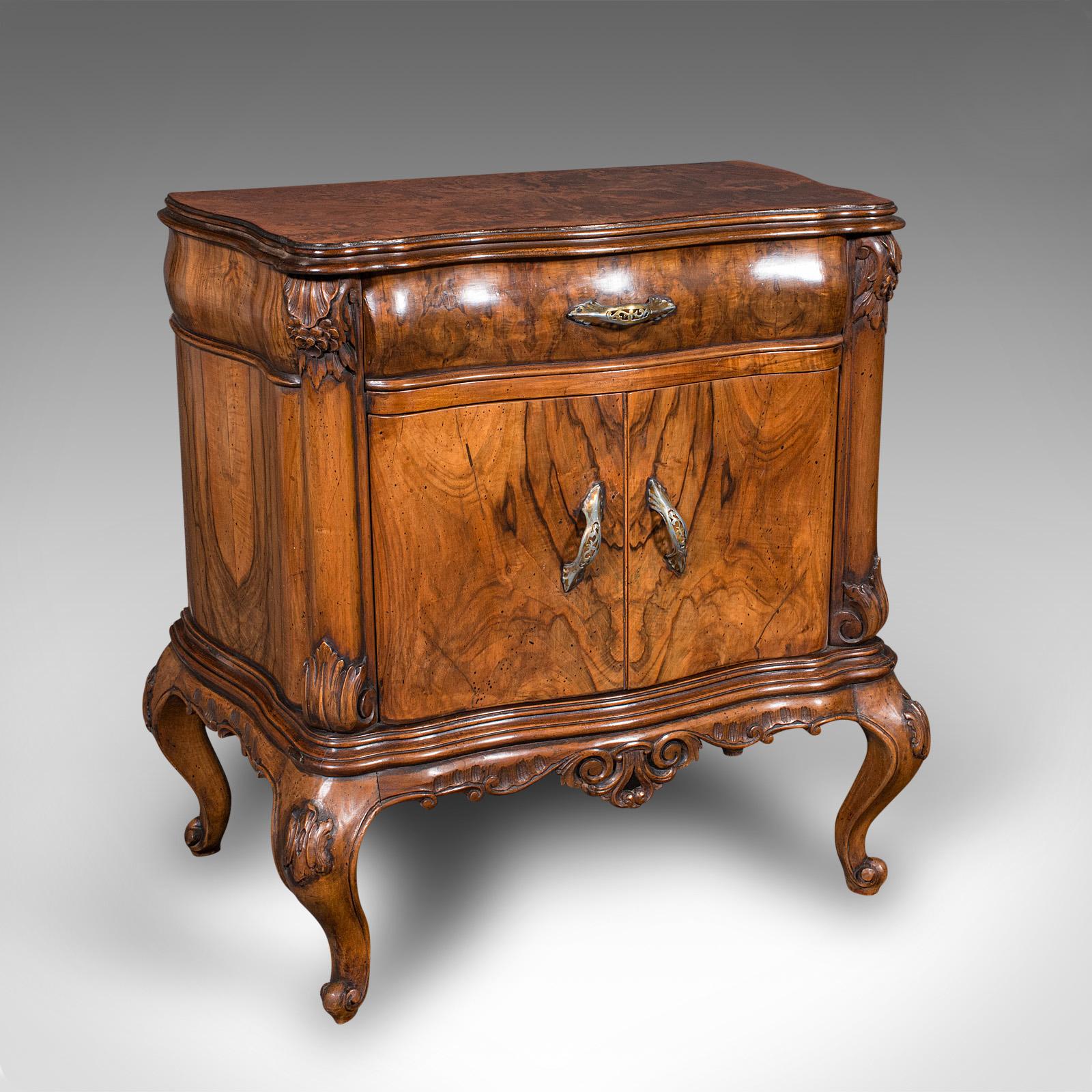 20th Century Pair Of Vintage Bedside Cabinets, Italian, Walnut, Bedside Nightstand, Rococo For Sale
