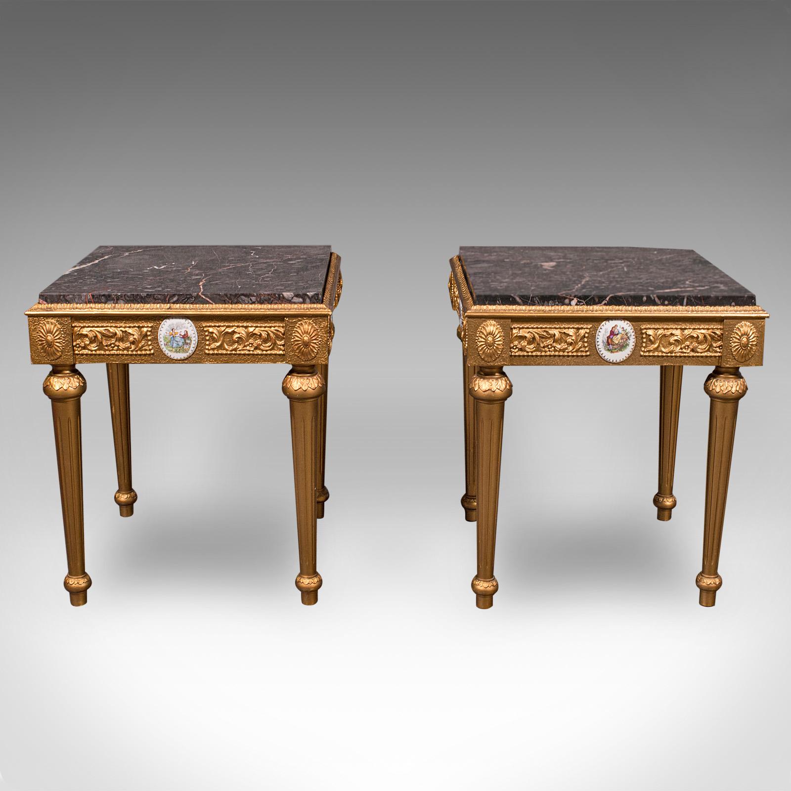 This is a pair of vintage bedside tables. A Continental, giltwood side or lamp table with marble top, dating to the late 20th century, circa 1980.

Presenting a striking appearance with Italianate taste
Displays a desirable aged patina and in