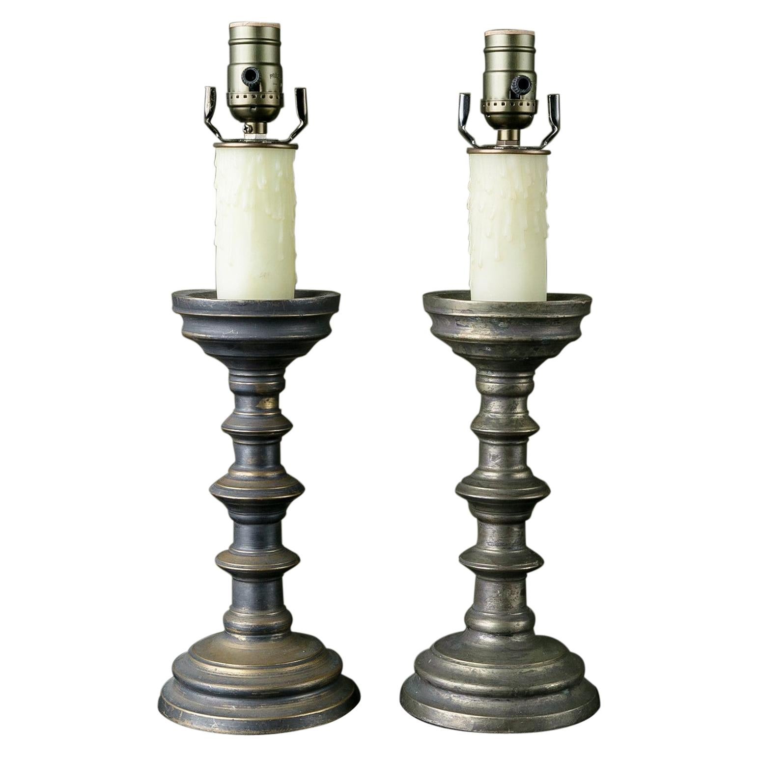 Pair of Vintage Belgian Pewter Candlestick Lamp
