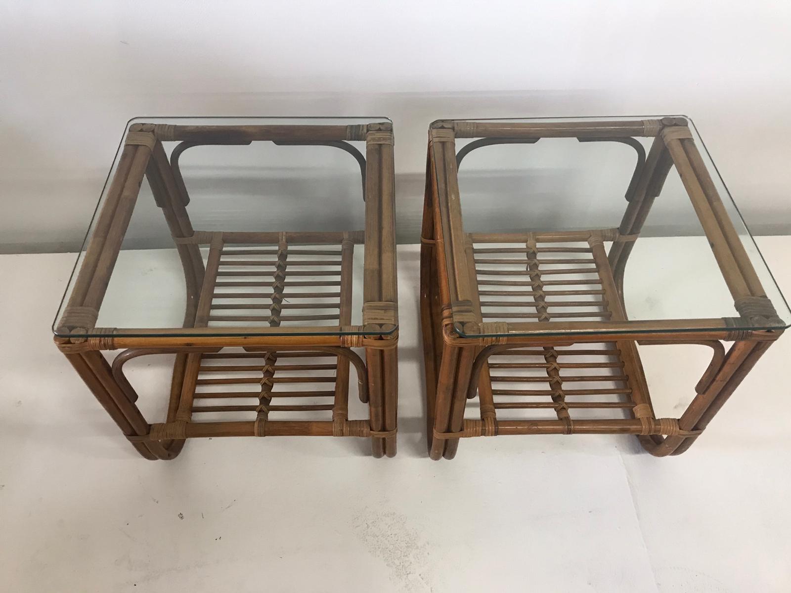 Very island-style bent bamboo square design tables with glass plateau. Great original condition.