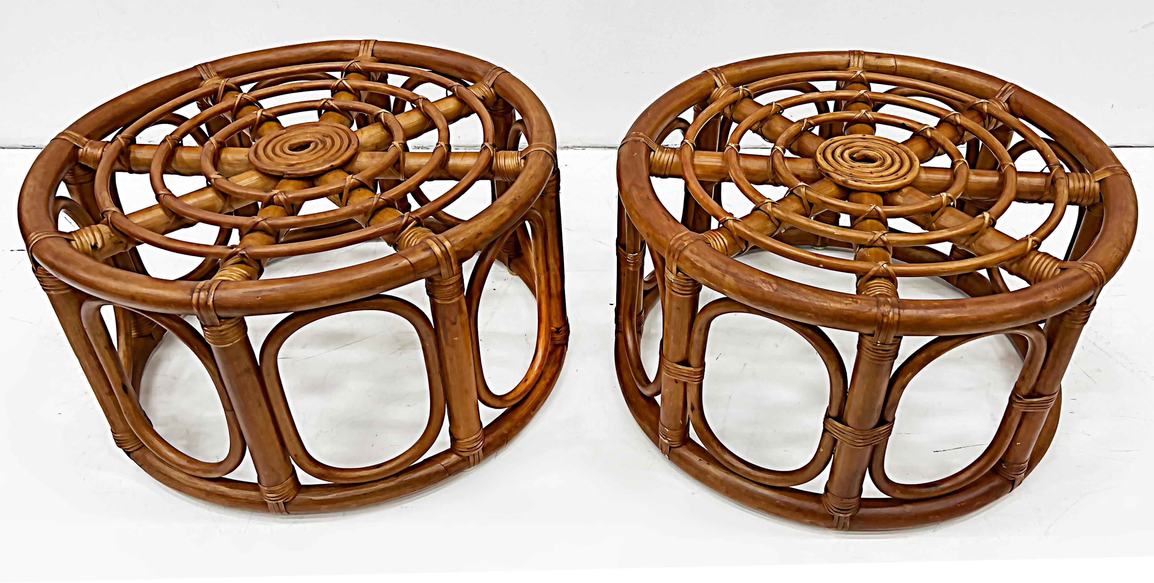 Pair of vintage bent rattan coastal stools or side tables

Offered for sale is a pair of late 20th century bent rattan coastal stools or side tables. These pieces are well crafted and are quite substantial. The stools are generous in size and