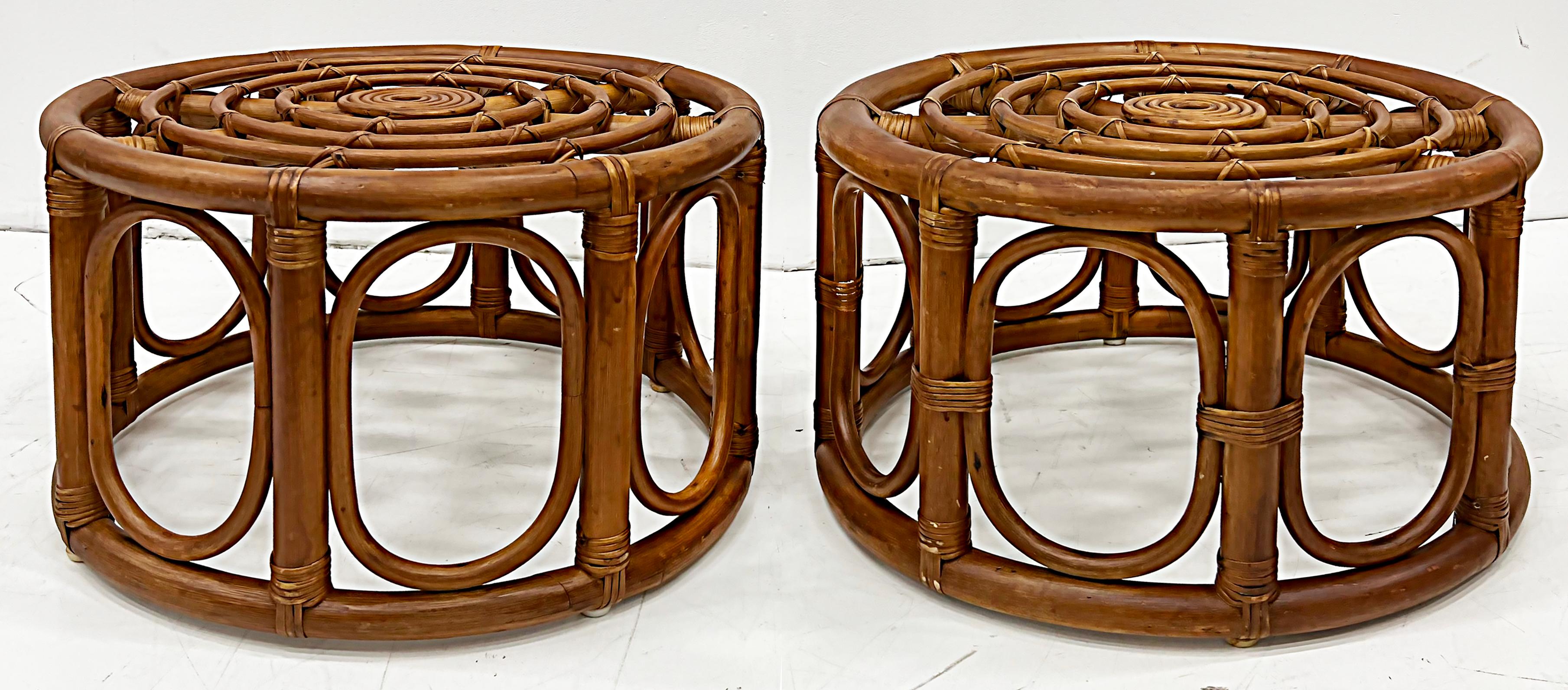 Pair of Vintage Bent Rattan Coastal Stools or Side Tables 1