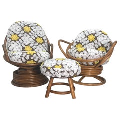 Beautiful Pair of Vintage Bent Rattan Swivel Rockers Chairs with Foot Stool