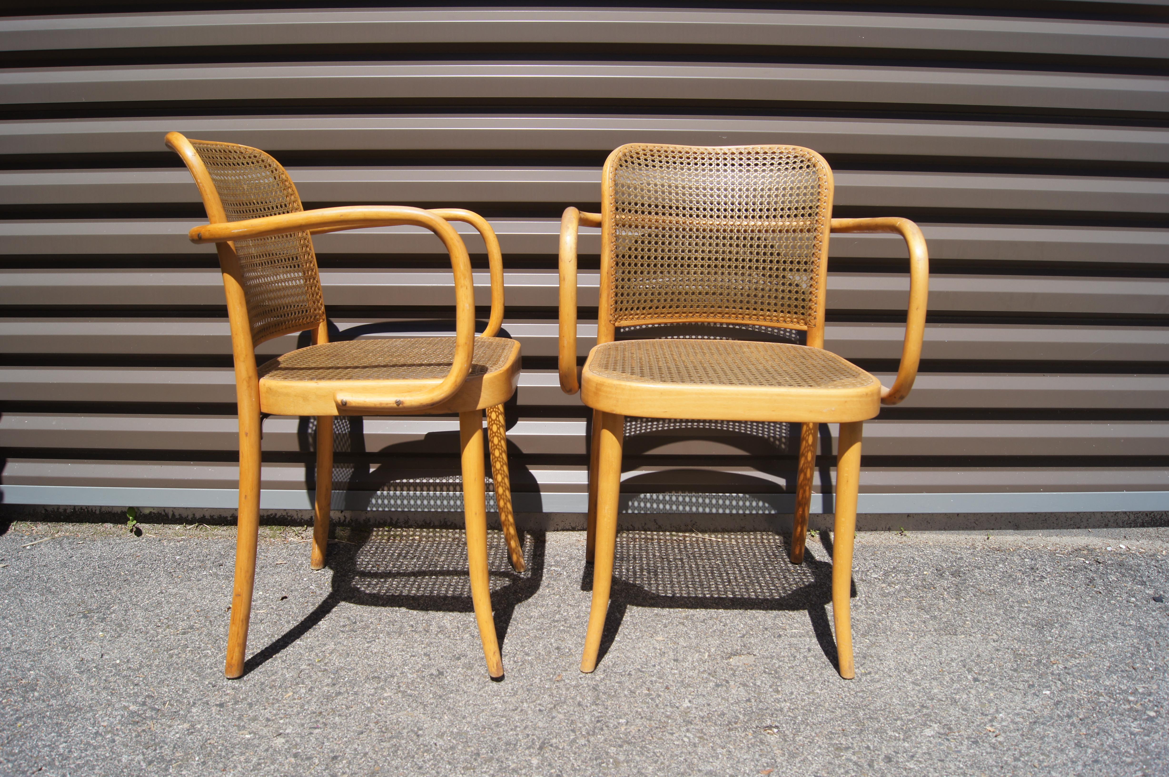 These Classic bentwood armchairs, designed in 1925 by Josef Hoffmann in collaboration with Josef Frank and manufactured in the 1950s by Stendig, feature beechwood frames and rare handwoven nylon seats.

Original Stendig label.