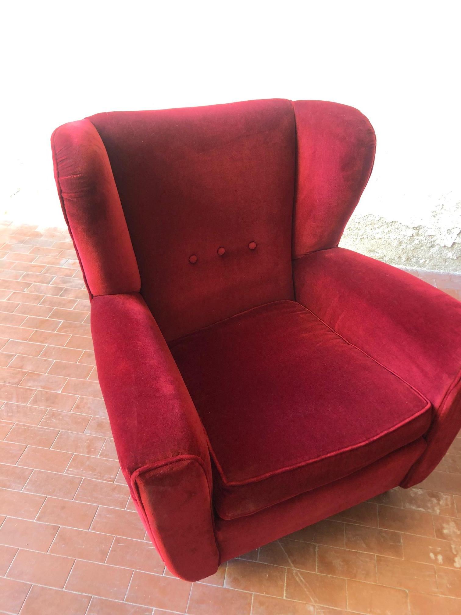 Pair of Vintage Bergères Armchairs, Red Velvet, 1960, Italy 5