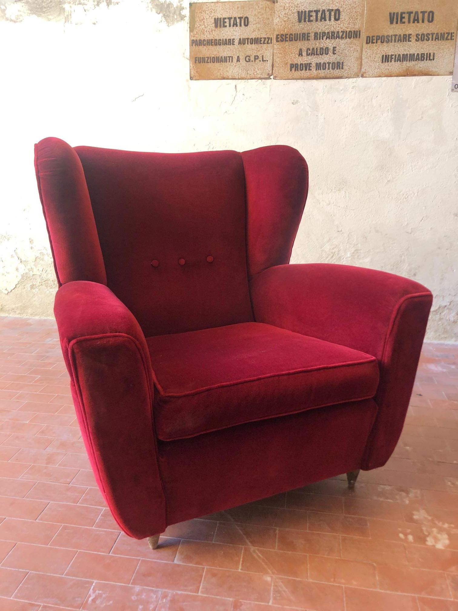 Mid-20th Century Pair of Vintage Bergères Armchairs, Red Velvet, 1960, Italy