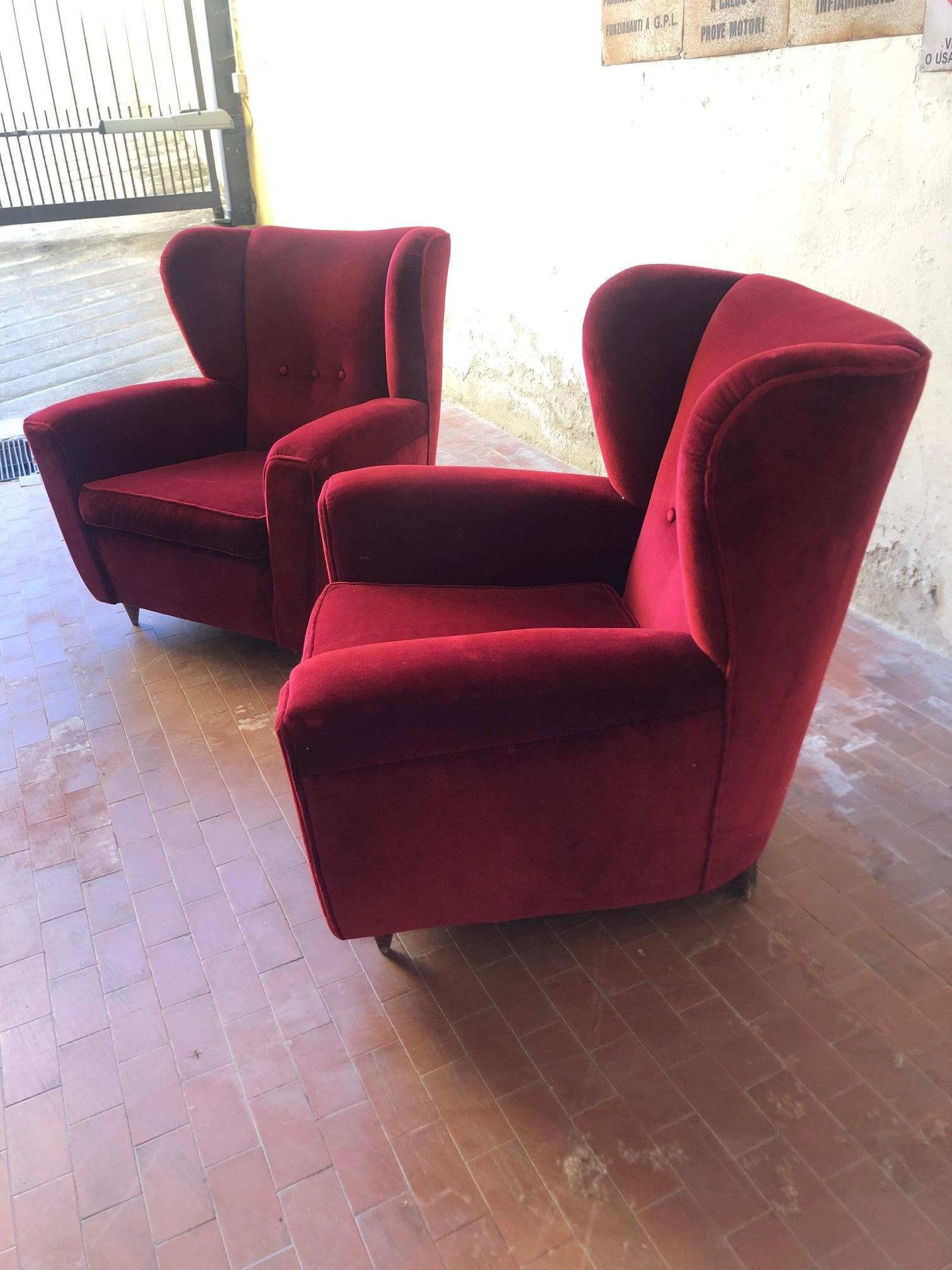 Pair of Vintage Bergères Armchairs, Red Velvet, 1960, Italy 1