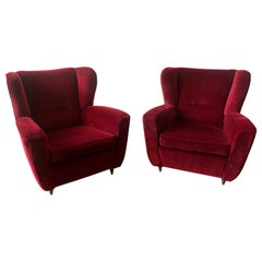 Pair of Vintage Bergères Armchairs, Red Velvet, 1960, Italy