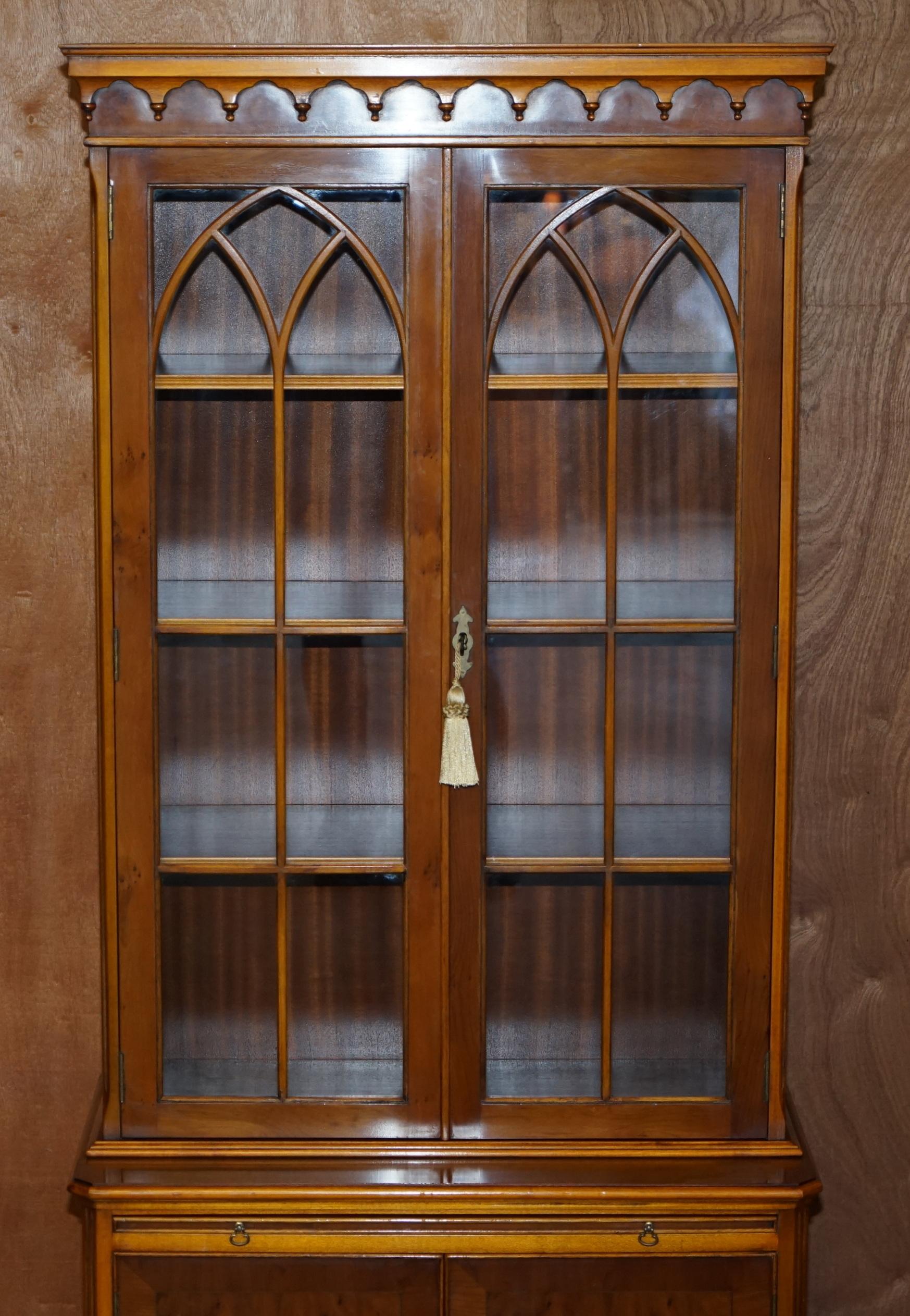 English Pair of Vintage Bevan Funnell Burr Yew Wood Glazed Door Bookcase Cupboards