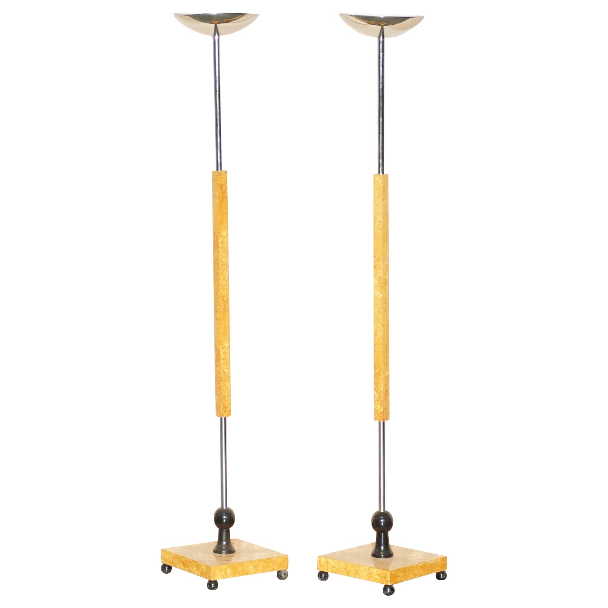 PAIR OF VINTAGE BIEDERMEIER STYLE BURR WALNUT & CHROME FLOOR STANDING LAMPs
