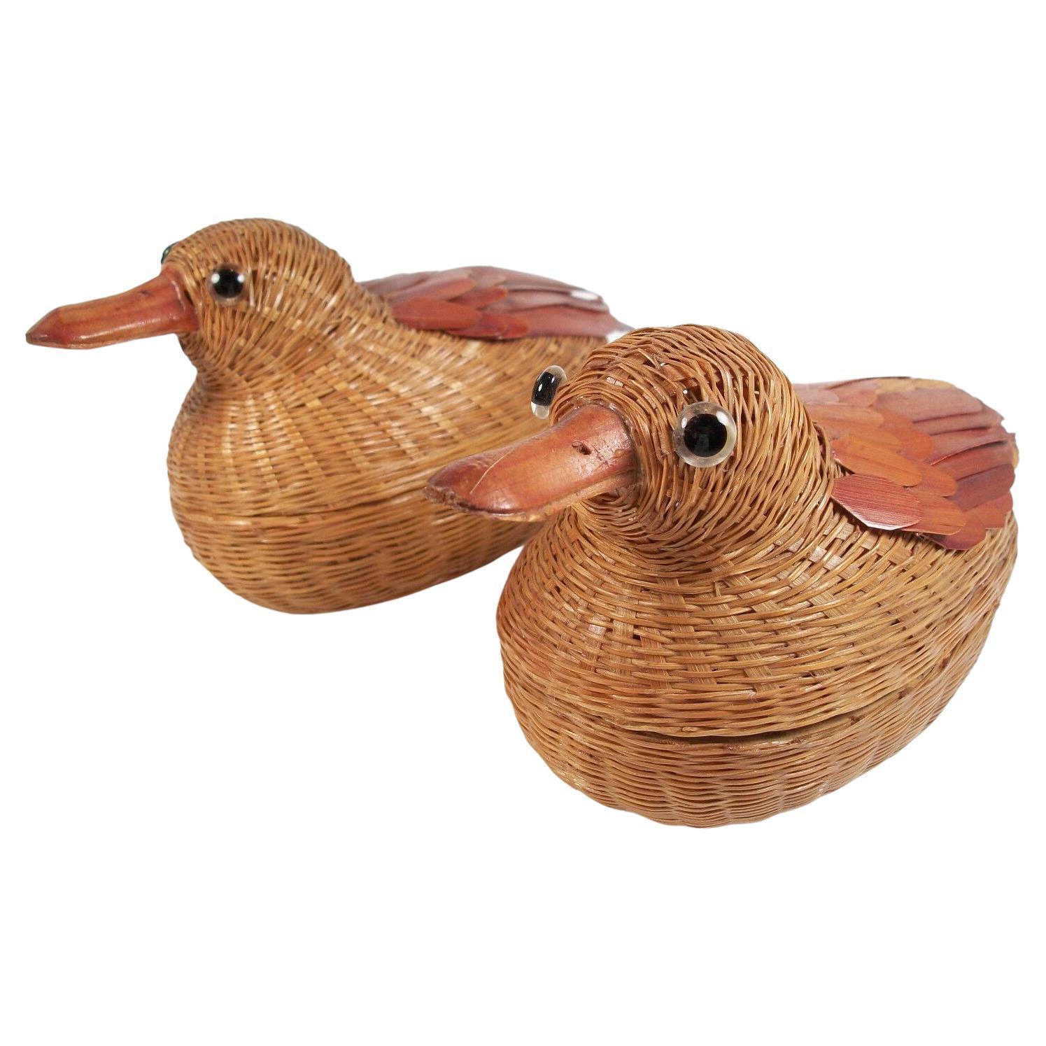 Pair of Vintage Bird Form Lidded Baskets - Finely Woven - Late 20th Century