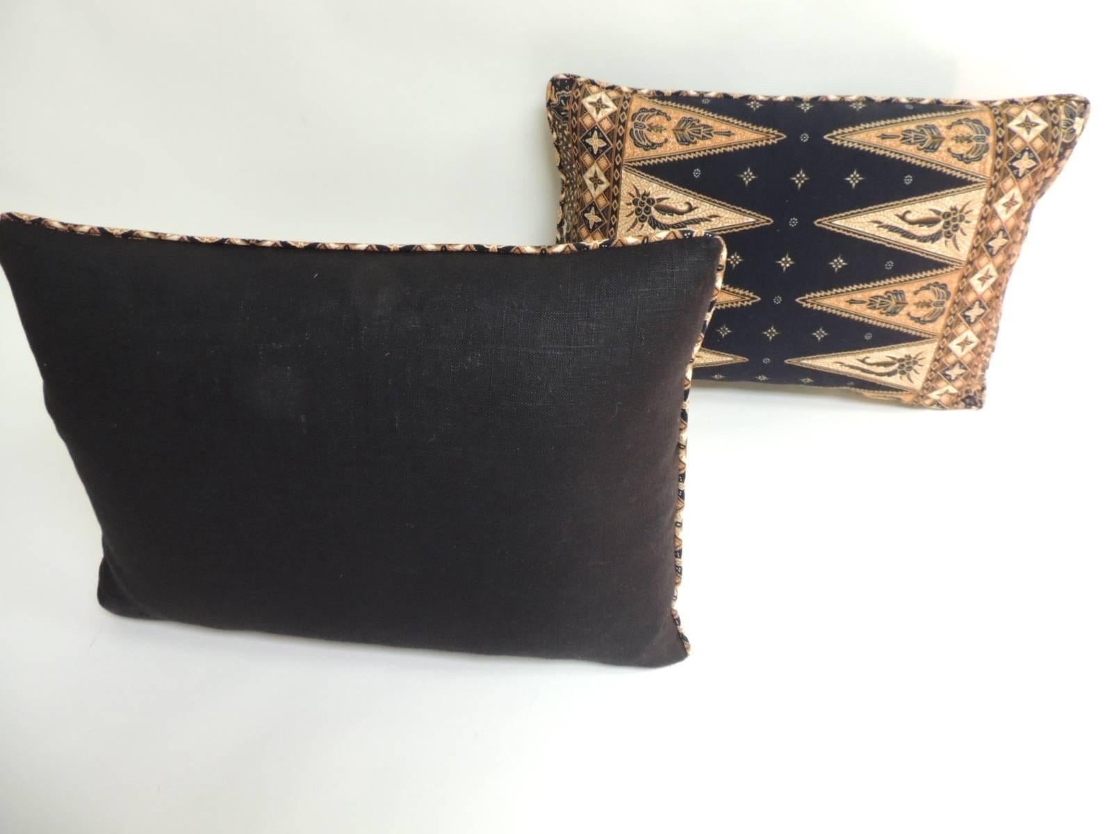 Indonesian Pair of Vintage Black and Gold Batik Lumbar Decorative Pillows