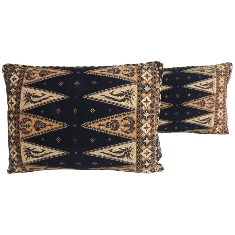 Pair Of Vintage Black And Gold Batik Lumbar Decorative Pillows At