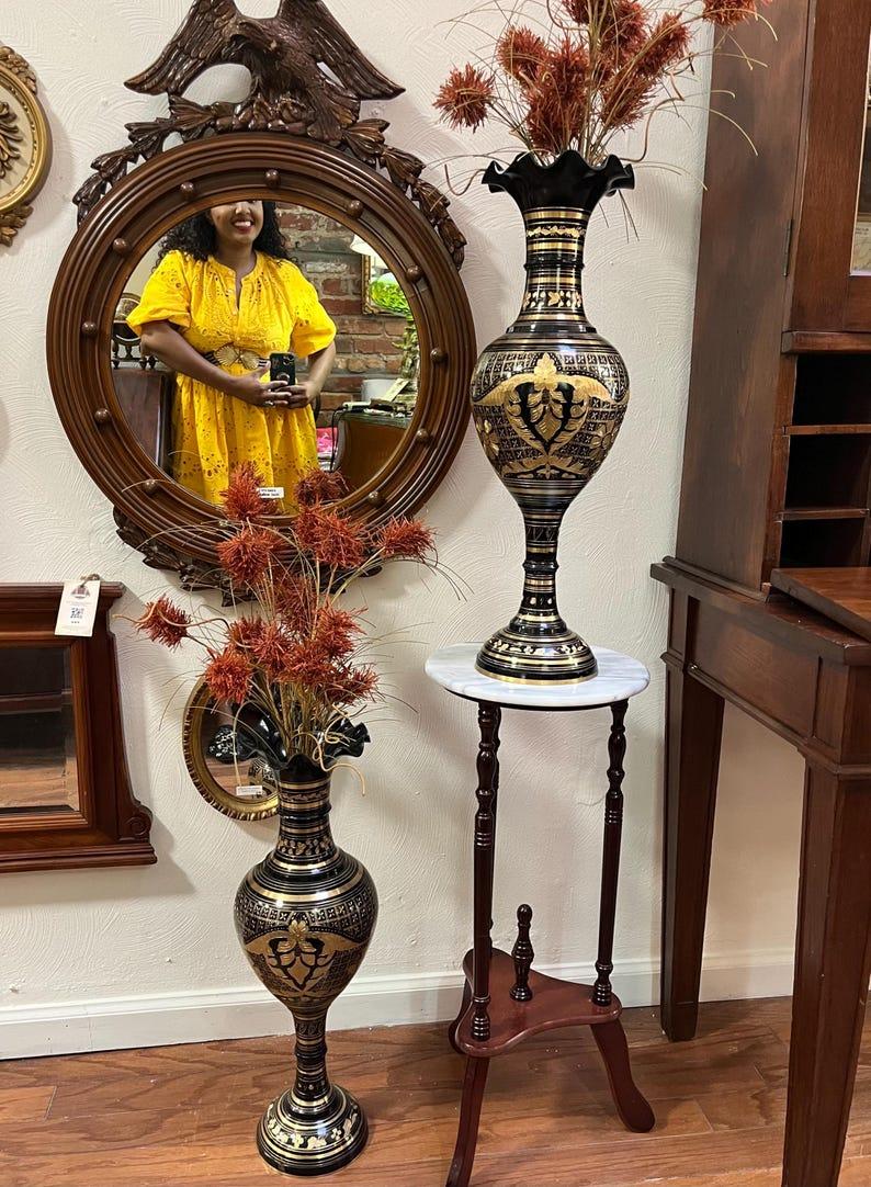 Pair of Vintage Black and Gold Brass Etched Enamel Vases Made In India  2ft Tal In Good Condition For Sale In Portsmouth, VA