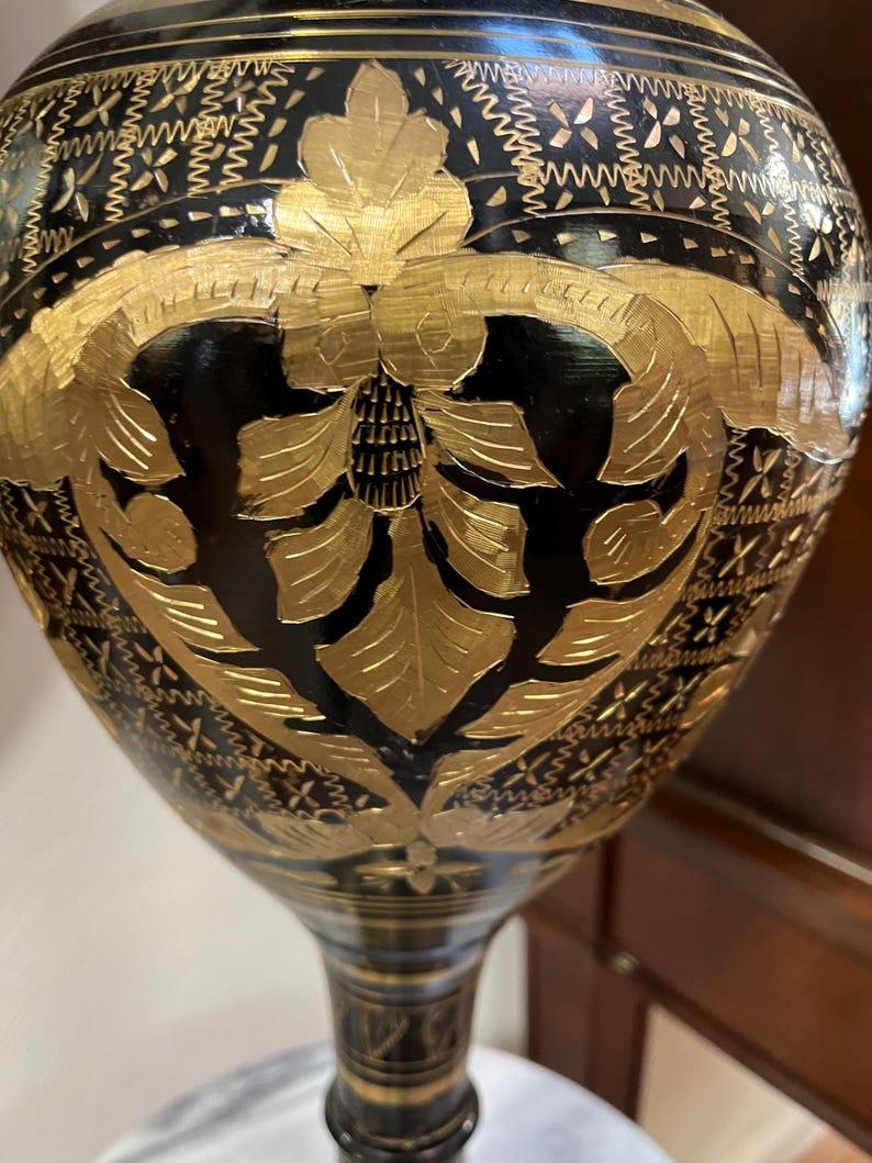 20th Century Pair of Vintage Black and Gold Brass Etched Enamel Vases Made In India  2ft Tal For Sale