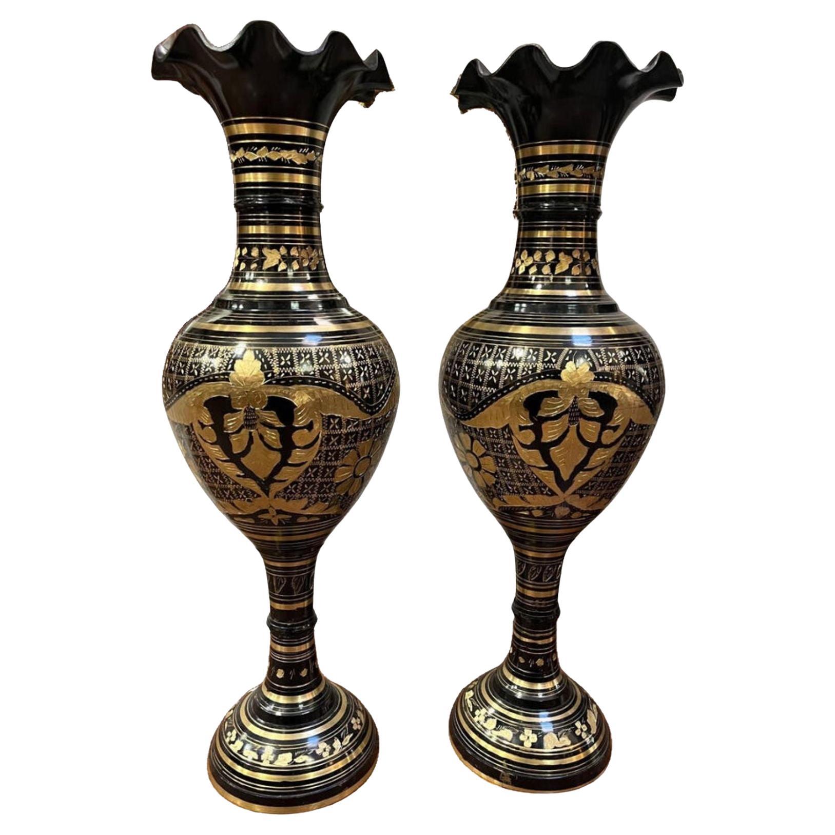 Pair of Vintage Black and Gold Brass Etched Enamel Vases Made In India  2ft Tal For Sale