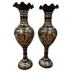 Pair of Vintage Black and Gold Brass Etched Enamel Vases Made In India  2ft Tal