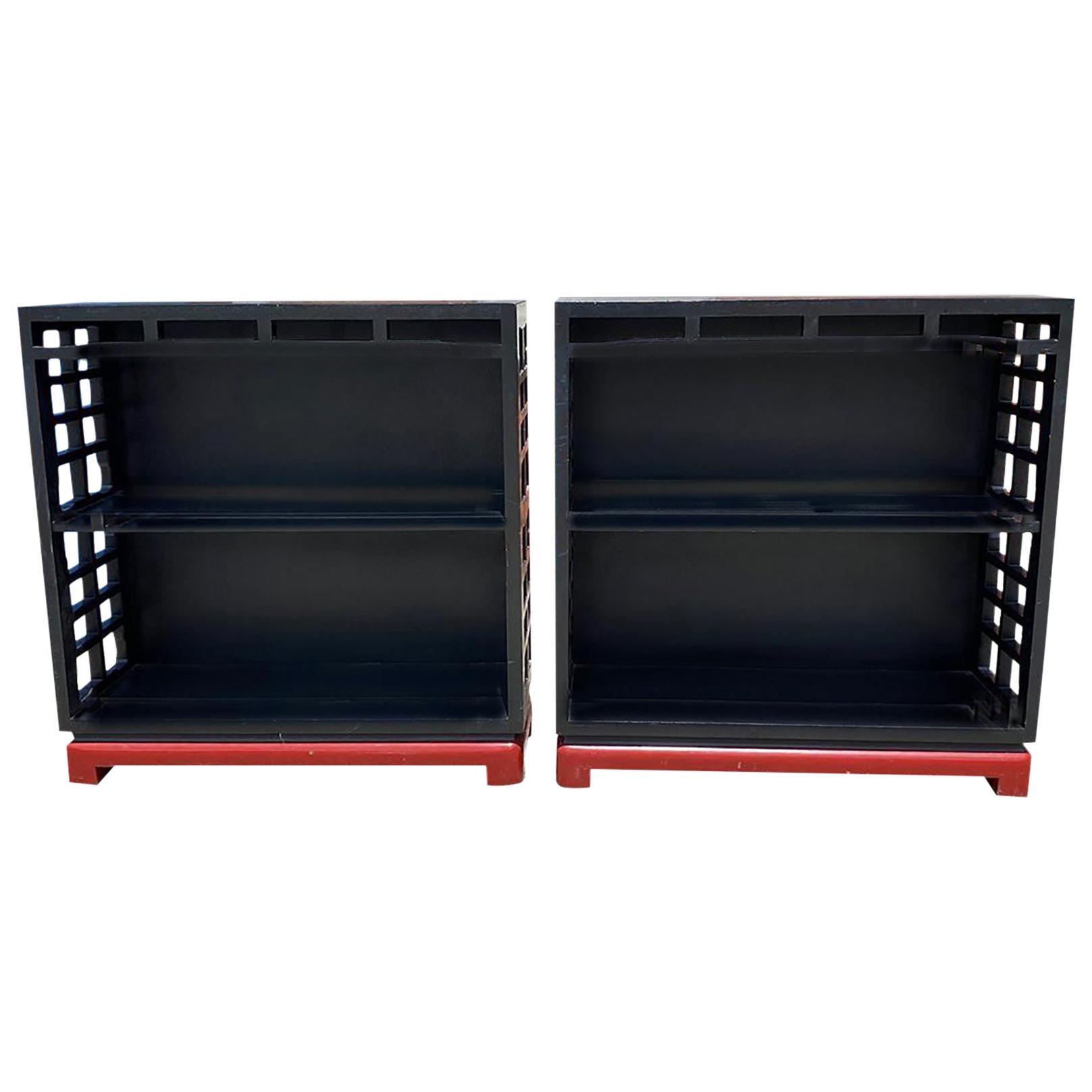 Pair of Vintage Black and Red Painted Wood Bookcases For Sale