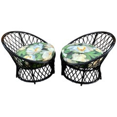 Pair of Vintage Black Bamboo Armchairs with Floreal Round Pillow, 1950s