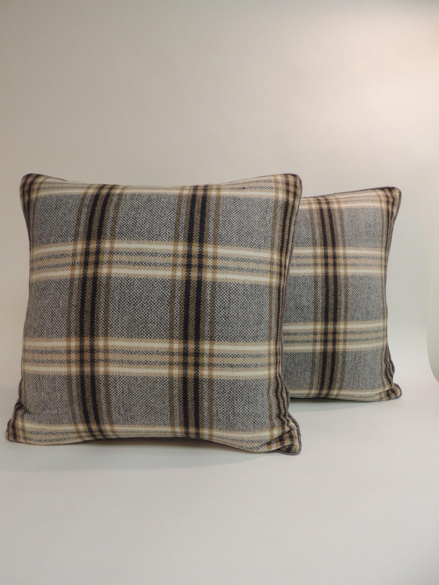 Pair Of Vintage Black And Grey Tartan Plaid Woven Wool Decorative Pillows For Sale At 1stdibs