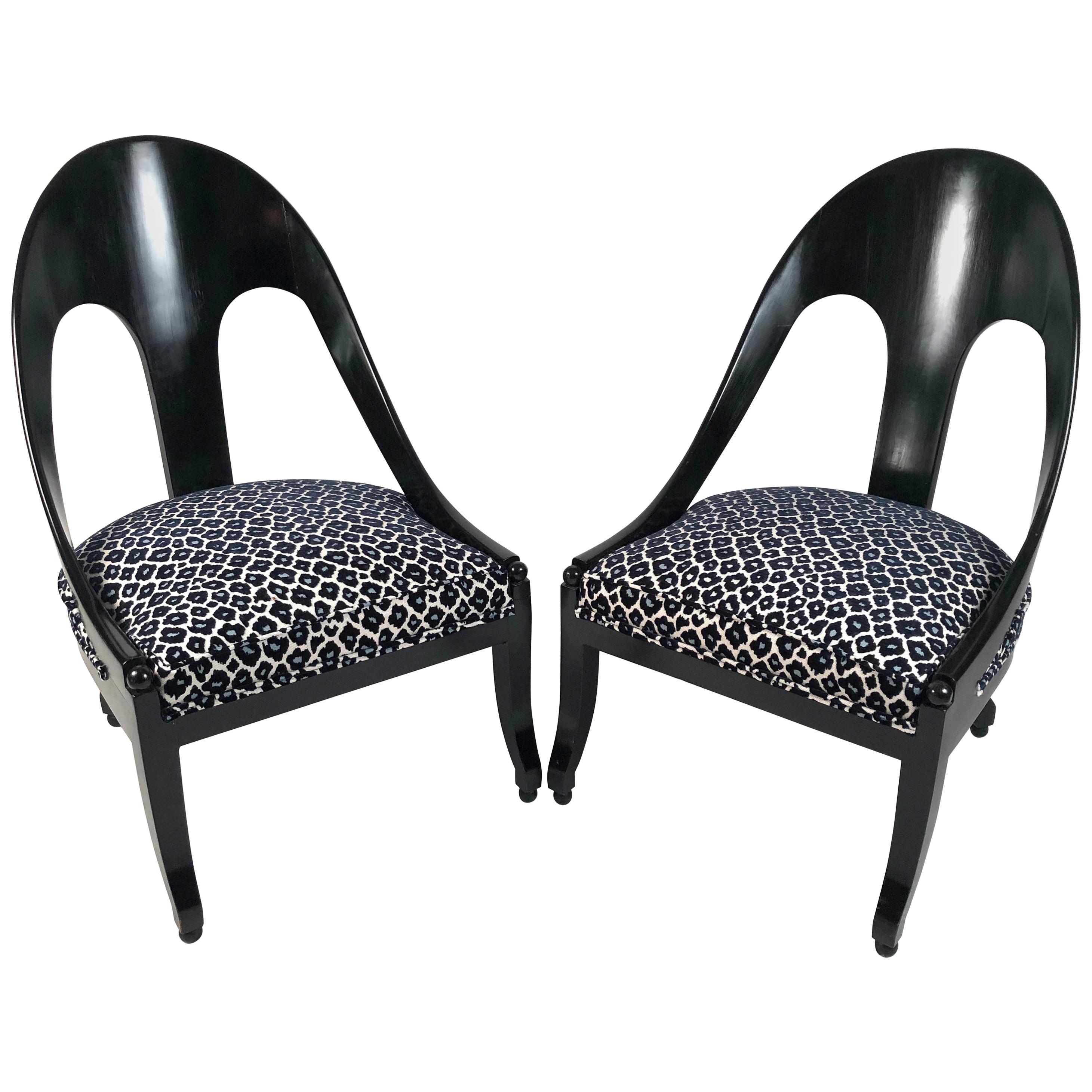 Pair of Vintage Black Hollywood Regency Style Spoon Back Chairs