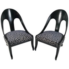 Pair of Vintage Black Hollywood Regency Style Spoon Back Chairs