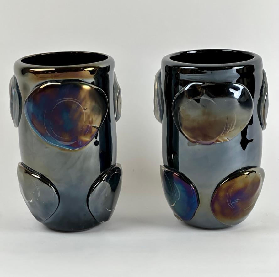 Modern Pair of Vintage Black Iridescent Murano Art Glass Vases by Costantini For Sale