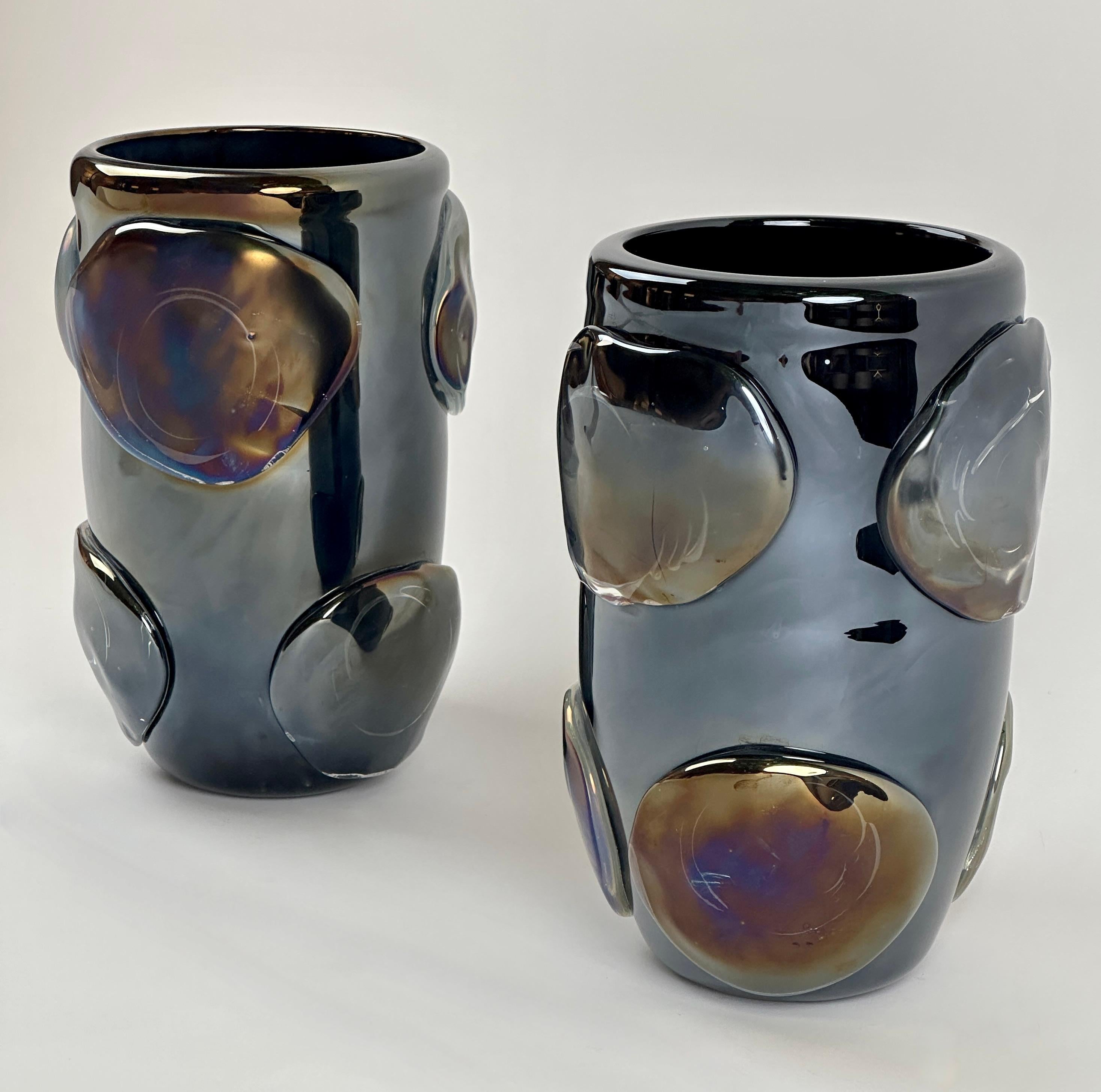 Italian Pair of Vintage Black Iridescent Murano Art Glass Vases by Costantini For Sale