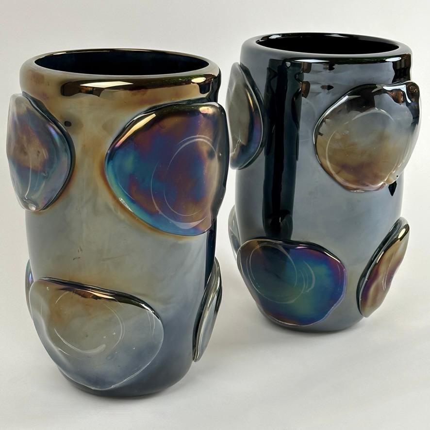 Late 20th Century Pair of Vintage Black Iridescent Murano Art Glass Vases by Costantini For Sale