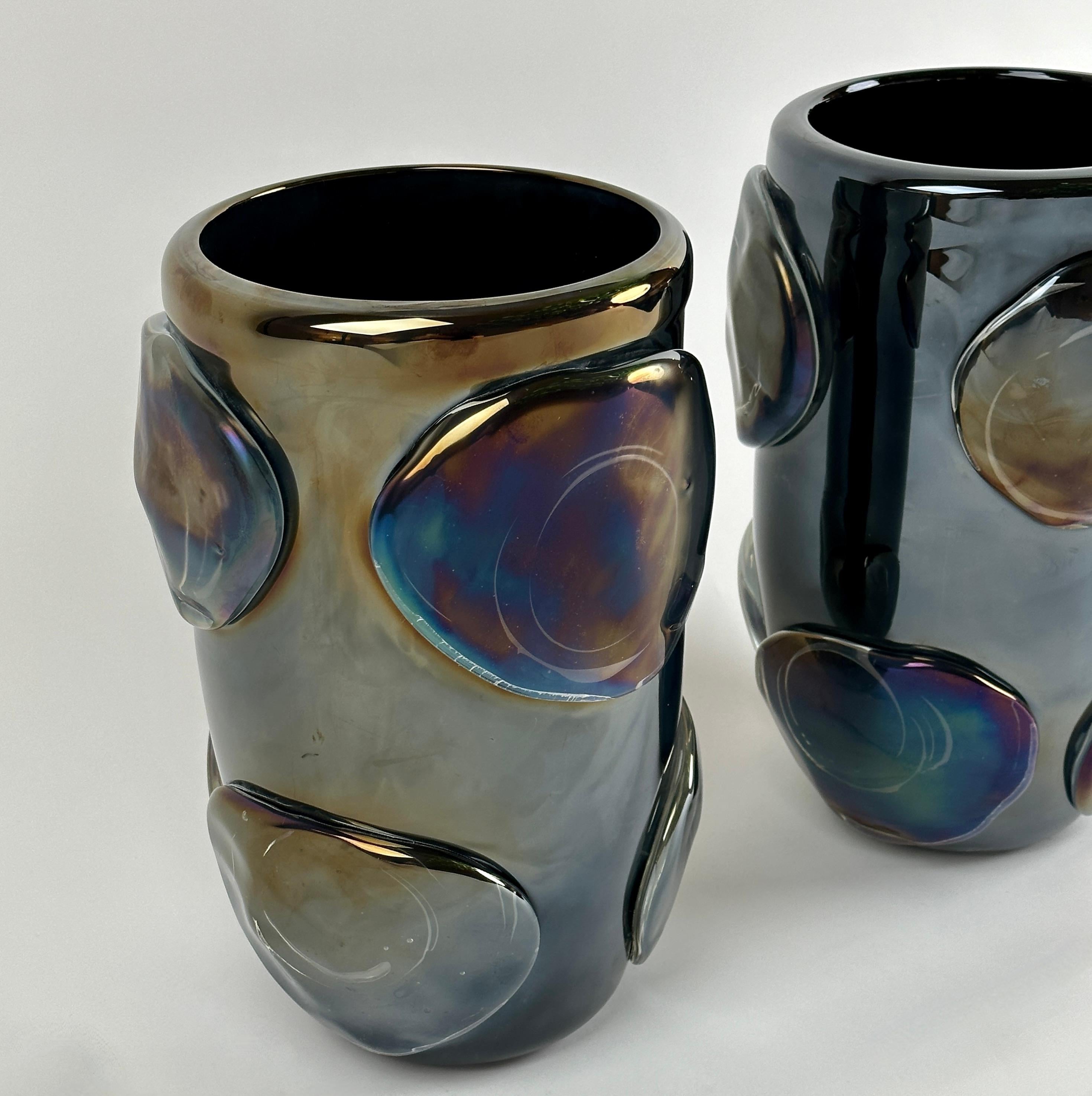 Murano Glass Pair of Vintage Black Iridescent Murano Art Glass Vases by Costantini For Sale